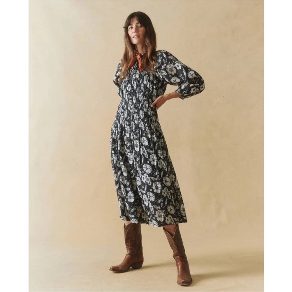 THE GREAT. Black Midi Dress with White Floral Print